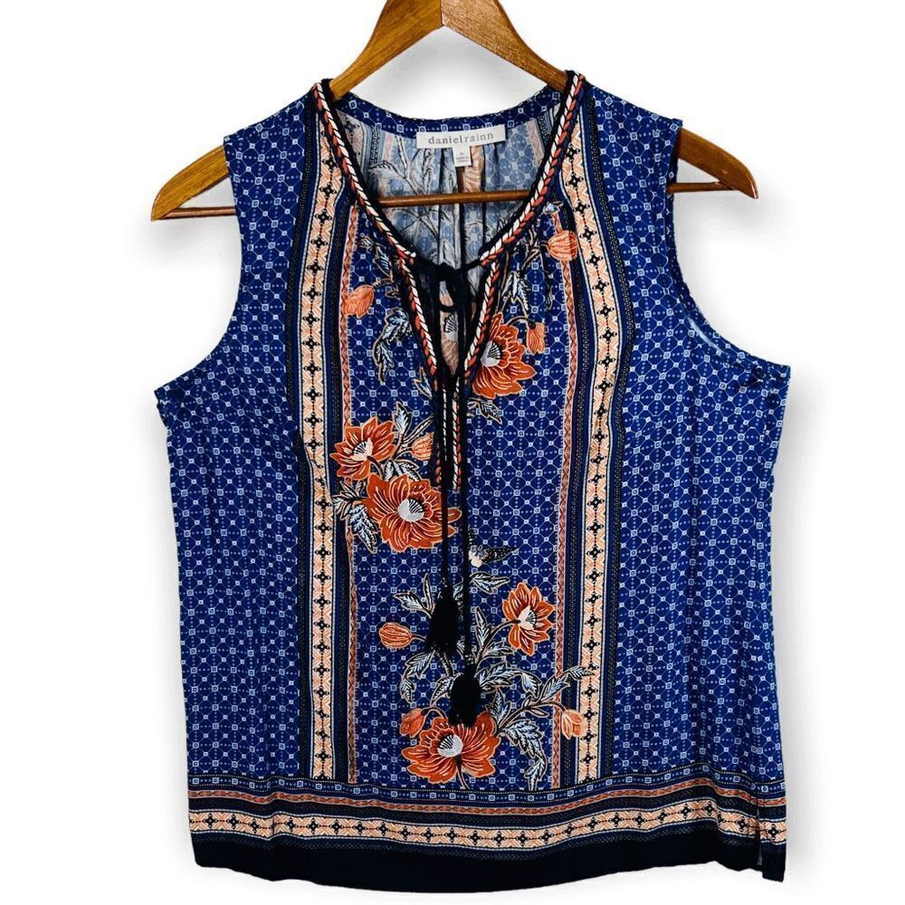 DANIEL RAINN Blue Peasant Top Women's M V-Neck Tassel Tie Sleeveless